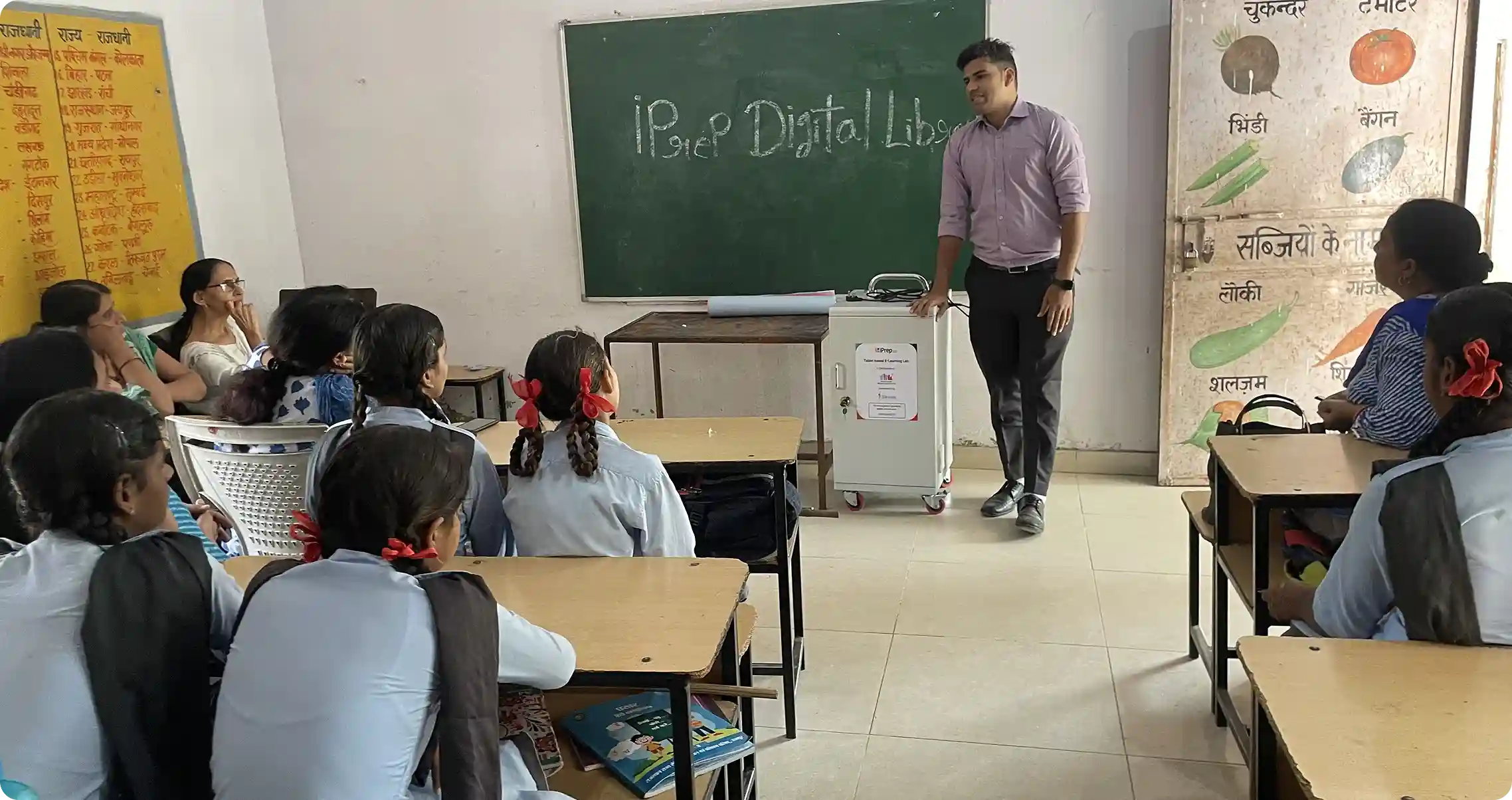 Tablet storage and charging rack installed for a digital library setup in Rajasthan, implemented by an edtech NGO